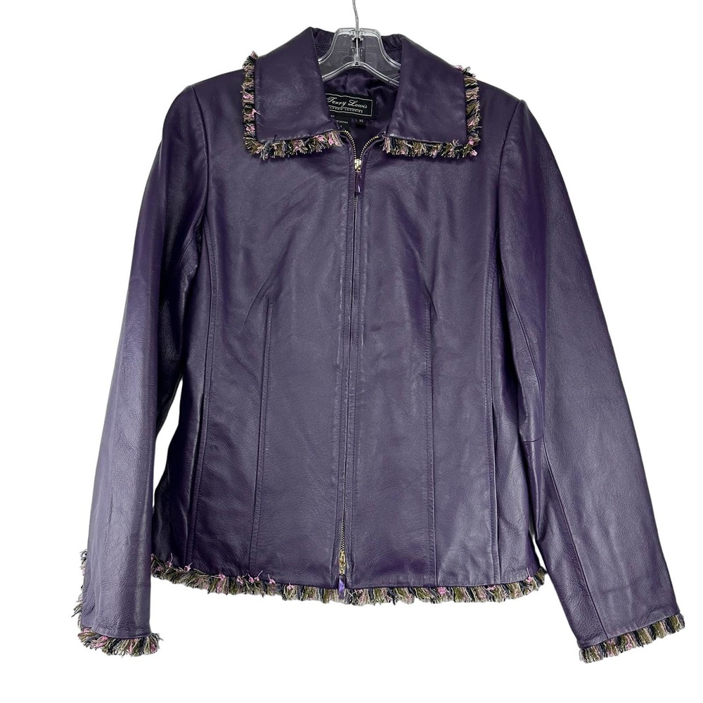 Terry Lewing Leather Jacket Womens Size XS Purple Fringe Full‎ Zip Pockets Lined